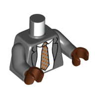 Torso, Jacket, White Shirt, Dark Tan Tie with Red/Green Dots print, Dark Bluish Gray Arms, Reddish Brown Hands Dark Bluish Gray
