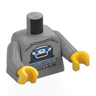 Torso, Blue Car, 'PROJECT 7 JAGUAR' print, Light Bluish Gray Arms, Yellow Hands Light Bluish Gray