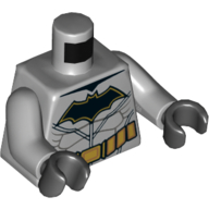 Torso Muscles, Gold Utility Belt, Black with Gold Outline Batman Logo Print, Light Bluish Gray Arms, Black Hands Hellblaugrau