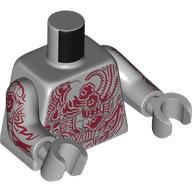 Torso Bare Chest with Muscles and Red Tattoo with Minifig Heads Print, Light Bluish Gray Arms and Hands with Dark Red Tattoo Print Hellblaugrau