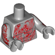 Torso Bare Chest with Muscles and Red Tattoo with Minifig Heads Print, Light Bluish Gray Arms and Hands with Red Tattoo Print Light Bluish Gray