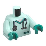 Torso Medical Scrubs, Dark Turquoise Pocket and Collar, Stethoscope Print, Light Aqua Arms, Dark Turquoise Hands Hellaqua