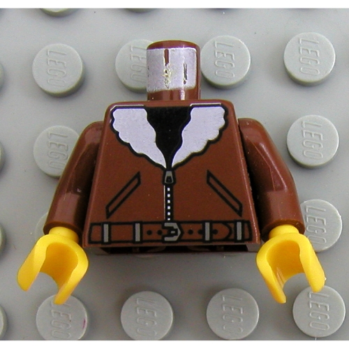Torso Bomber Jacket with White Collar, Belt, & Black Shirt Print, Brown Arms, Yellow Hands Brown
