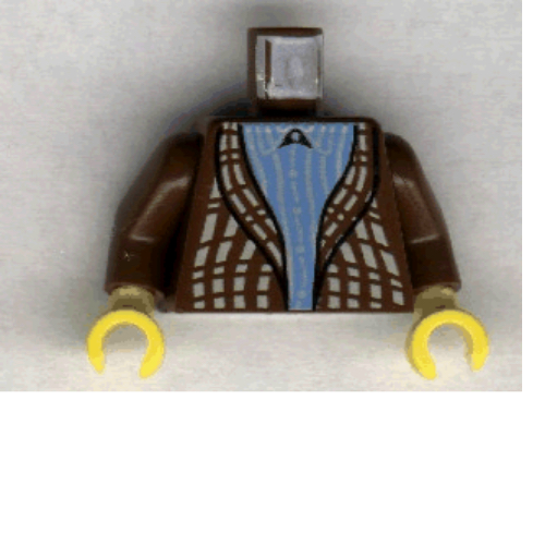 Torso Cardigan Sweater over Blue Striped Shirt Print, Brown Arms, Yellow Hands Brown
