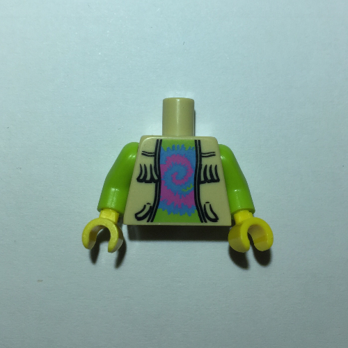 Torso Vest with Fringe over Lime Top with Pink and Blue Swirl Print, Lime Arms, Yellow Hands Tan