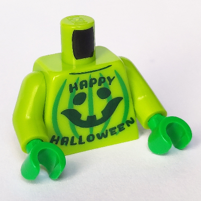 Torso Halloween Shirt, Dark Green 'Happy Halloween' Text, Bright Green Stripes Print, Lime Arms, Bright Green Hands Lime