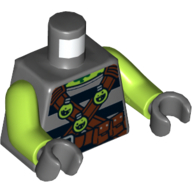 Torso Shirt with Black Stripes, Reddish Brown Cross Straps with Lime Round Bottles, Reddish Brown Belt with Pouches Print, Lime Arms, Dark Bluish Gray Hands Dunkelblaugrau