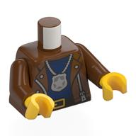 Torso, Jacket, Zipper, Silver Police Badge on Necklace, Dark Blue Shirt, Black Belt print, Reddish Brown Arms, Yellow Hands Reddish Brown