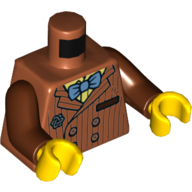 Torso Jacket with Pinstripes, Broche, Medium Blue Bow Tie, Buttons, Yellow Shirt Print, Reddish Brown Arms, Yellow Hands Dark Orange