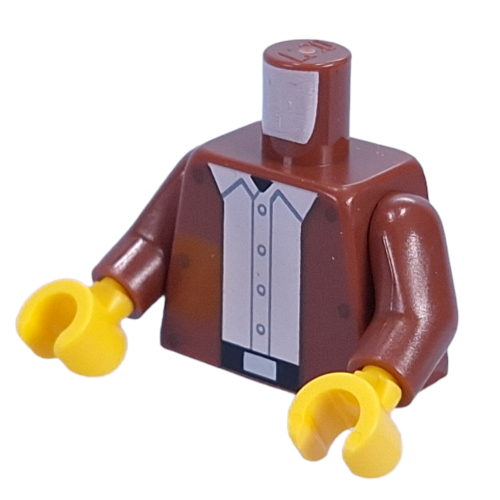 Torso, Jacket, White Shirt, Buttons, Black Belt, Silver Belt Buckle, Hatch on Back print, Reddish Brown Arms, Yellow Hands Rotbraun