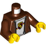 Torso Jacket, Zipper, White Shirt, Porsche Symbol/Logo Print, Reddish Brown Arms, Yellow Hands Reddish Brown
