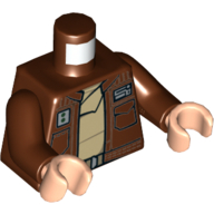 Torso Open Jacket with Pockets and Badges over Belt and Tan Shirt / Seam Lines and Tabbed Waistband in Back Print, Reddish Brown Arms, Light Nougat Hands Reddish Brown