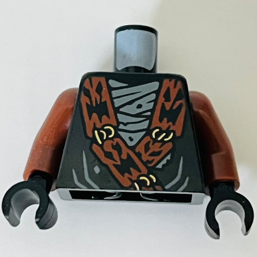 Torso, Reddish Brown Arms, Black Hands with Ninja Robes, Dark Orange Trim, Yellow Clamps, Light Bluish Grey Scales print, print Schwarz