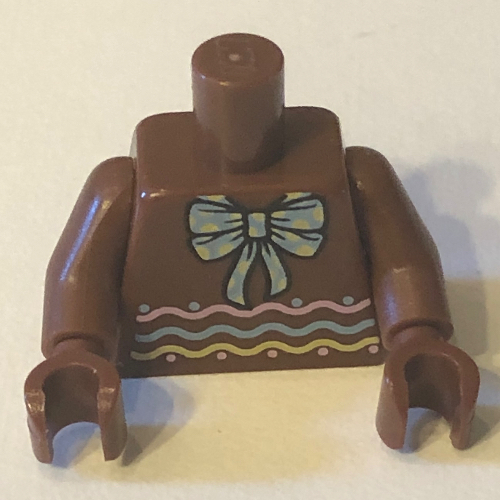 Torso with Bright Light Blue Bow Tie and Bright Pink, Bright Light Yellow, Bright Light Blue Wavy Lines on Front and Back Print, Reddish Brown Arms and Hands Reddish Brown