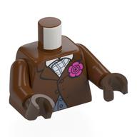 Torso, Jacket with Single Button Secured, Pink Flower, White Shirt with Sand Blue Lines print, Reddish Brown Arms, Umber Brown Hands Rotbraun