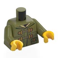 Torso Winter Coat, Hood, Tan Fur, Pockets, Laces print, Olive Green Arms, Yellow Hands Olivgrün