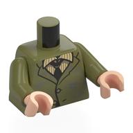 Torso, Jacket, Dark Bluish Grey Stains, Tan/Dark Tan Shirt, Black Tie print, Olive Green Arms, Light Nougat Hands Olive Green