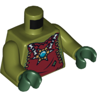 Torso Dark Red Vest with Star Shaped Necklace with Blue Round Jewel (Chi), Back with Gold Crocodile Jaws Print, Olive Green Arms, Dark Green Hands Olivgrün
