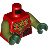 Torso Vest with Dark Red and Gold Armor with Scales and Fire Chi Emblem Print, Olive Green Arms, Dark Green Hands Rot