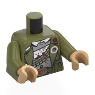 Torso Jacket, Gold Belt Buckle with Dark Red '007', Ammo Belt, Buttons, Light Bluish Grey Shirt print, Olive Green Arms, Warm Tan Hands Olivgrün