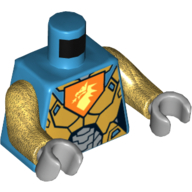Torso Armor Gold and Silver with Dragon Head on Orange Pentagonal Shield Print, Pearl Gold Arms, Light Bluish Gray Hands Dunkelazur