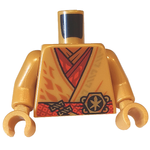 Torso Robe with Red Sash, Tunic, Orange Shirt, Gold Asian Symbol print, Pearl Gold Arms and Hands Pearl Gold