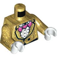 Torso Jacket with White Speckles over Ruffled Shirt, Pink Bat Bow Tie, Two Buttons Print (Batman), Pearl Gold Arms with Speckles Print, White Hands Perlgold
