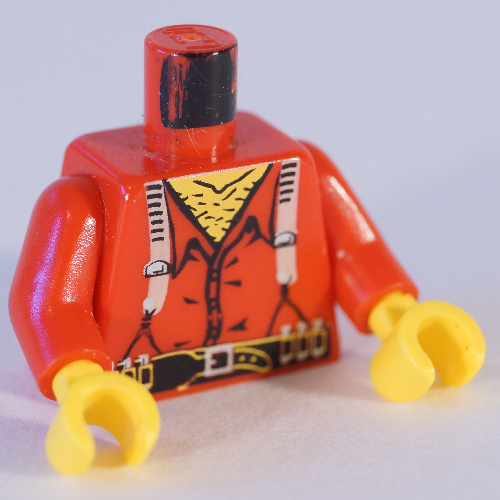 Torso Shirt with Hairy Chest, Suspenders and Ammunition on Belt Print, Red Arms, Yellow Hands Red
