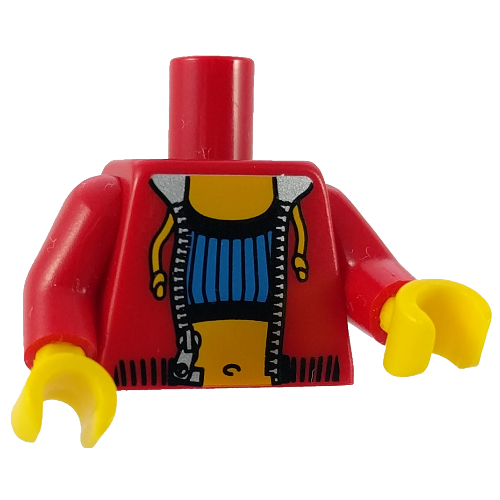 Torso Hoodie with Zipper over Blue Tube Top and Navel / LEGO Logo on Back Print, Red Arms, Yellow Hands Red