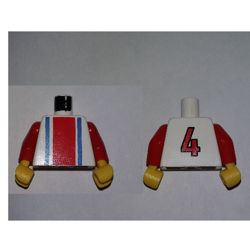 Torso Soccer Shirt with Vertical Striped Red/Blue / '4' Back Print, Red Arms, Yellow Hands Weiß