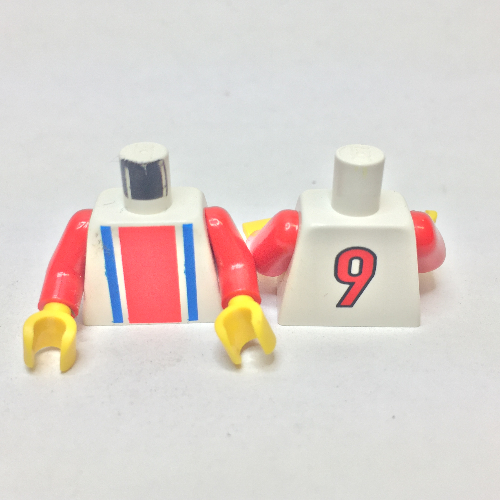 Torso Soccer Shirt with Vertical Striped Red/Blue / '9' Back Print, Red Arms, Yellow Hands Weiß