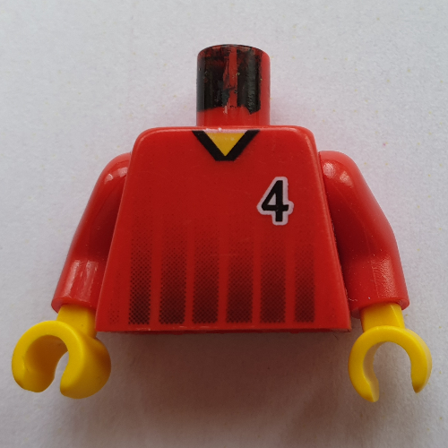 Torso Soccer Shirt, Black Fading Stripes and '4' Front and Back Print, Red Arms, Yellow Hands Rot