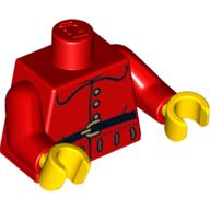Torso Coat with Rounded Collar, Gold Buttons and Black Belt Print, Red Arms, Yellow Hands Red