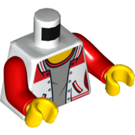 Torso Jacket Open over Gray Top with Red Collar with '8' on Back Print, Red Arms, Yellow Hands in 