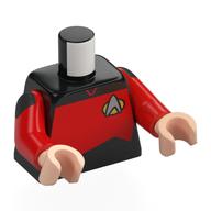 Torso, Silver Starfleet Insignia, Red Panel (Starfleet Uniform) print, Red Arms, Light Nougat Hands Black