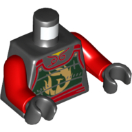 Torso Samurai Armor with Dark Green Panels, Gold Phoenix and Red Sash Print, Red Arms, Black Hands Schwarz