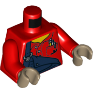 Torso Overall, Dark Blue with One Strap Down, Shirt Pockets with Pens Print, Red Arms, Dark Tan Hands Red