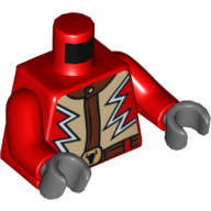 Torso Jacket with Lightning Zig Zag and Steer / Bull's Head Buckle Print, Red Arms, Dark Bluish Gray Hands Rot