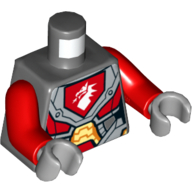 Torso Armor with Orange and Gold Circuitry and Emblem with White Dragon Print, Red Arms, Light Bluish Gray Hands Dunkelblaugrau