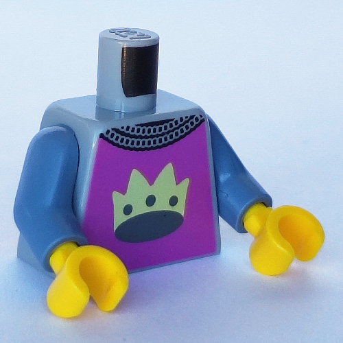 Torso Armor, Crown on Pink Background and Gold Border Print, Sand Blue Arms, Yellow Hands Hellblaugrau