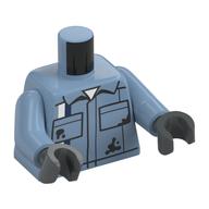 Torso, Overall, Pockets, Black Stains, White/Dark Blue Stripe print, Sand Blue Arms, Dark Bluish Gray Hands Sand Blue
