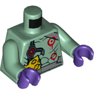 Torso Bare Chest, Black Shoulder Strap with Red Circle, Red Circle Paint, Silver Belt with Pixelated Cheese Print, Sand Green Arms, Dark Purple Hands Sandgrün