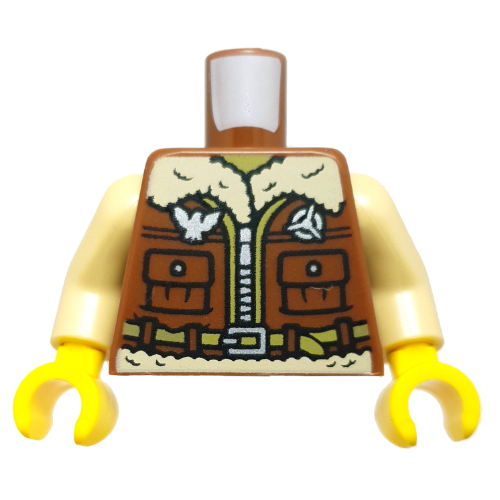 Torso Coat, Tan Fur, Zipper, Pockets, Lime Belt print, Tan Arms, Yellow Hands Reddish Brown