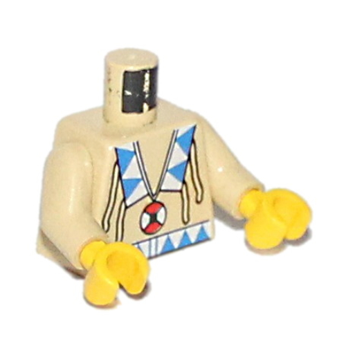 Torso Buckskin Tunic with American Indian Decorations, Blue and White Triangles, and Red and White Amulet Print, Tan Arms, Yellow Hands Tan