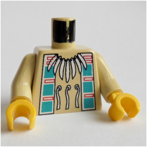 Torso Buckskin Tunic with American Indian Decorations, Necklace and Dark Turquoise Squares Print, Tan Arms, Yellow Hands Beige