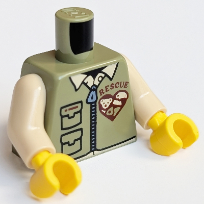 Torso Shirt and Vest with Zipper, Pockets, Heart, 'Rescue' Print, Tan Arms, Yellow Hands Olivgrün