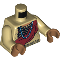 Torso Buckskin Tunic with American Indian Hair Pipe Bead Chest Plate, Dark Red Wrap and Blue Necklace Print, Tan Arms, Medium Nougat Hands Tan