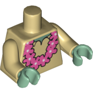 Torso Shirt with Sand Green Neck and Pink Lei Print, Tan Arms, Sand Green Hands Beige