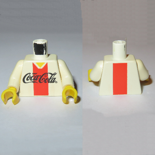 Torso V-Neck Shirt with Coca-Cola Logo and Red Stripe Print, White Arms, Yellow Hands Weiß