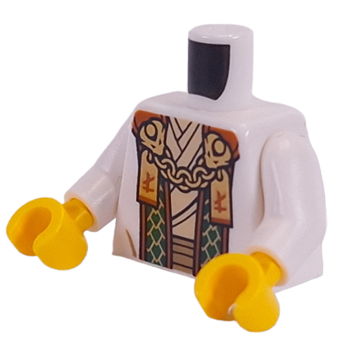 Torso, Robe, Dark Green/Gold Sash, Dark Orange Trim, Gold Chain, Asian Symbols print, White Arms, Yellow Hands White